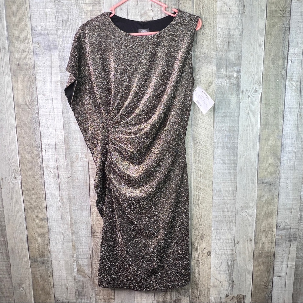 Vince Camuto Size 10 Metallic Gold/Silver/Black Asymmetrical Lined Sheath Dress - Picture 2 of 13